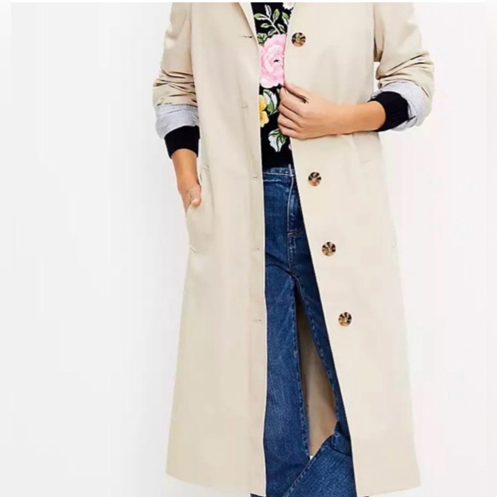 LOFT Ann Taylor Long Tan Khaki Belted Trench Coat Spring Preppy Casual L - Picture 5 of 15